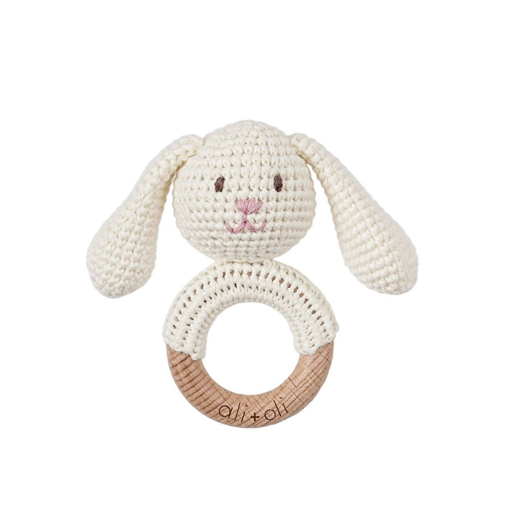 Baby Teething Toy Rattle Wood Ring Crochet (Rabbit)