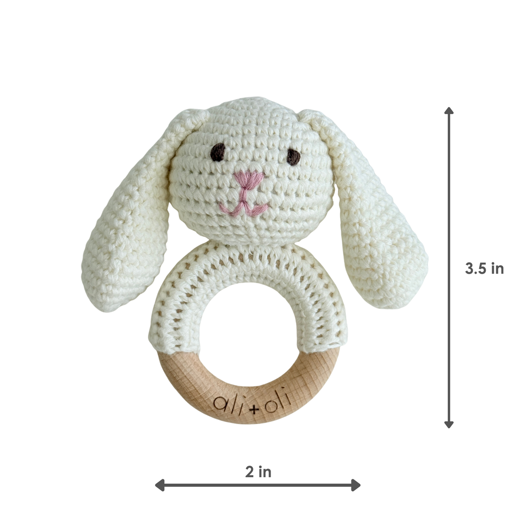 Baby Teething Toy Rattle Wood Ring Crochet (Rabbit)