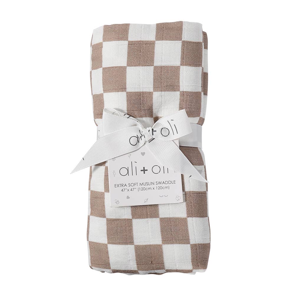 Bamboo Muslin Swaddle Blanket (Mocha Checkers)