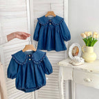 Spring Baby Girls Blue Denim Long-sleeved bodysuit or Dress