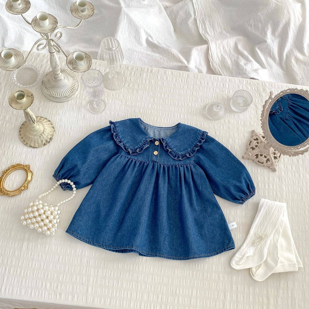 Spring Baby Girls Blue Denim Long-sleeved bodysuit or Dress